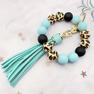 Acrylic Leopard Mint Green Bracelet Keychain Purse Charm With Tassel
